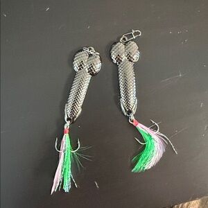 Metallic Fishing Lure Earrings with Green Feather Accent